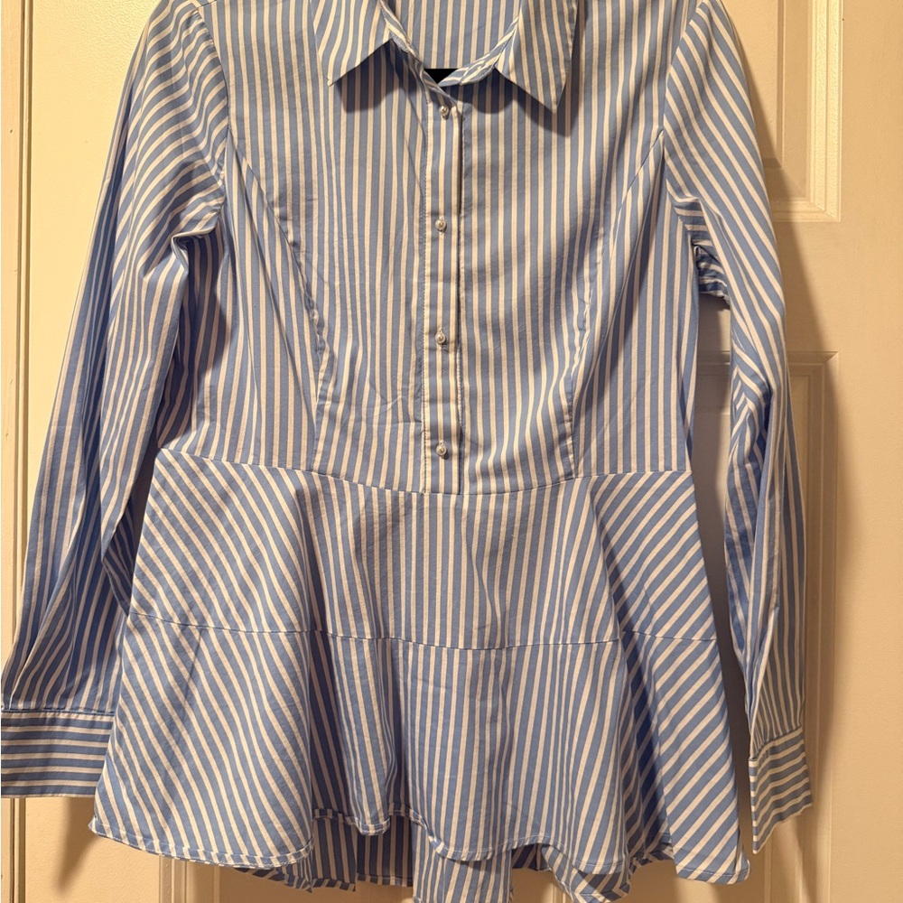 Ivanka Trump Women's Cotton Stripe Collar Peplum Pearl Button Blouse